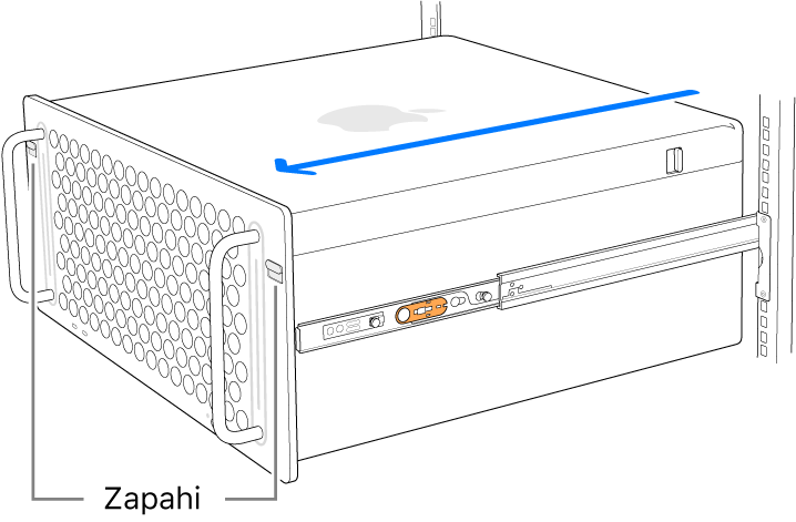 Računalnik Mac Pro počiva na tirnicah, ki so pritrjene na omarico.