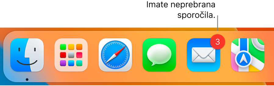Del vrstice Dock s prikazano ikono aplikacije Mail in značko, ki označuje neprebrana sporočila.