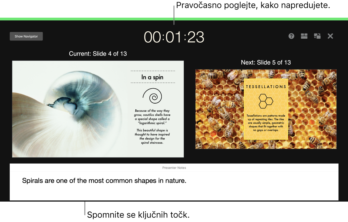 Okno aplikacije Keynote, ki prikazuje funkcijo Rehearse Slideshow.