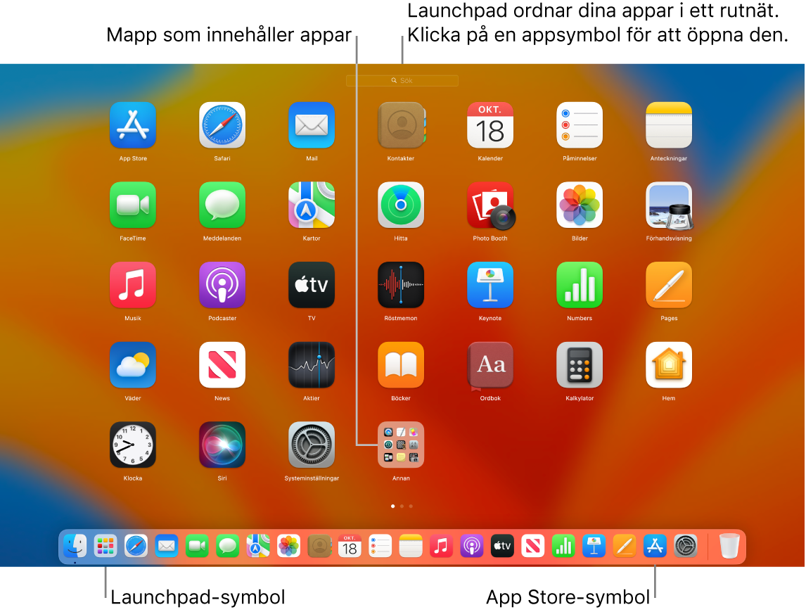 En Mac-skärm med Launchpad öppet som visar en mapp med appar i Launchpad och symbolerna för Launchpad och App Store i Dock.