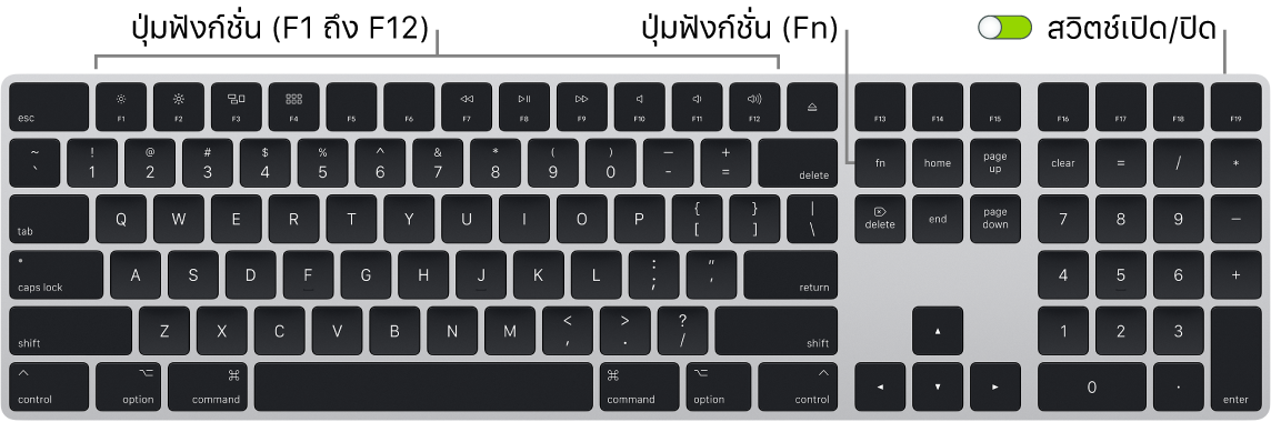 Magic Keyboard ที่แสดงปุ่ม Function (Fn) ที่มุมซ้ายล่างสุด และสวิตช์เปิด/ปิดเครื่องที่มุมขวาบนสุดของแป้นพิมพ์