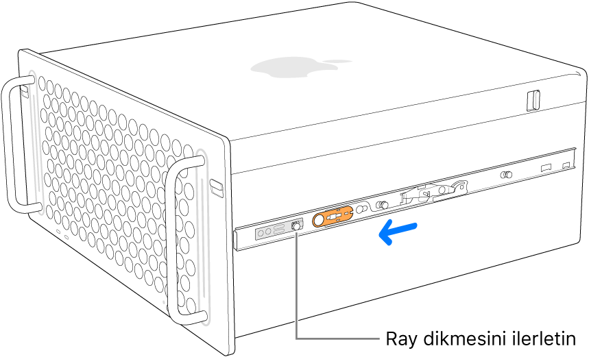 Rayın ileri doğru kayıp yerine kilitlendiği Mac Pro.