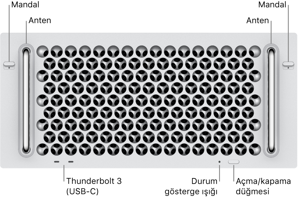 Mac Pro’nun önden görünümü; iki Thunderbolt 3 (USB-C) kapısı, sistem göstergesi ışığı, güç, düğme ve anten gösteriliyor.