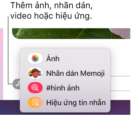 Menu Ứng dụng với các tùy chọn để hiển thị ảnh, nhãn dán Memoji, GIF và hiệu ứng tin nhắn.