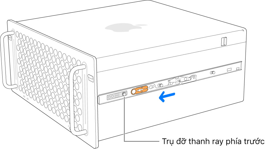 Mac Pro với thanh ray đang trượt về phía trước và khóa vào đúng vị trí.