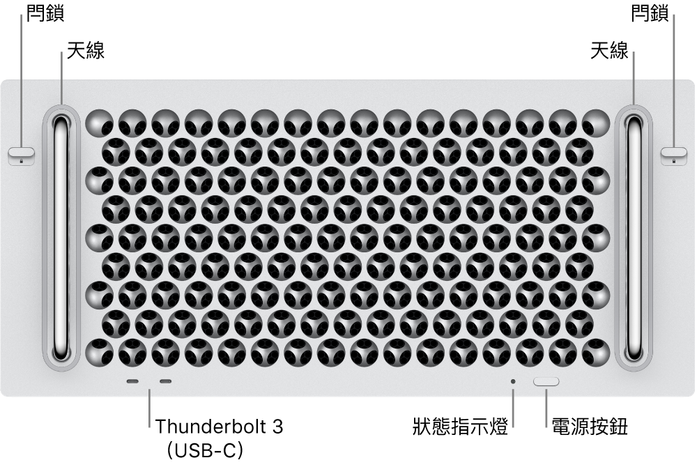 Mac Pro 正面顯示兩個 Thunderbolt 3（USB-C）埠、系統指示燈，電源按鈕和天線。