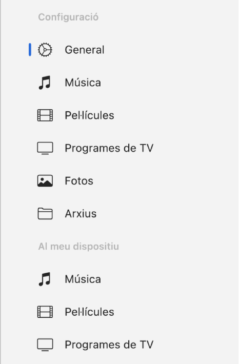La barra lateral amb el botó “General” i els botons per a continguts com ara música, pel·lícules, programes de TV i molt més.