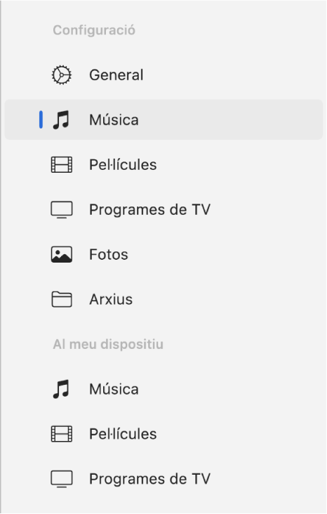 La barra lateral amb l'opció “Música” seleccionada.