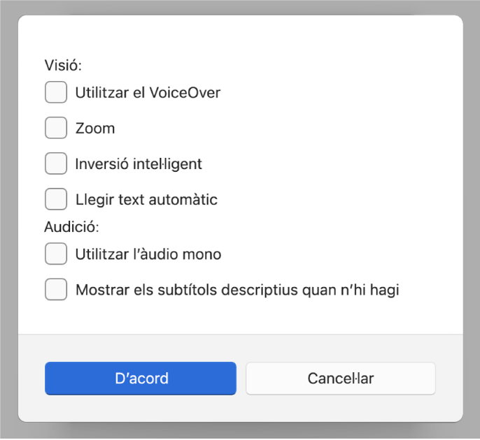 Les característiques d’accessibilitat de l’app Dispositius Apple amb les opcions “Utilitzar VoiceOver”, “Zoom”, “Inversió intel·ligent”, “Llegir text automàtic”, “Utilitzar l’àudio mono” i “Mostrar els subtítols descriptius quan n’hi hagi”.