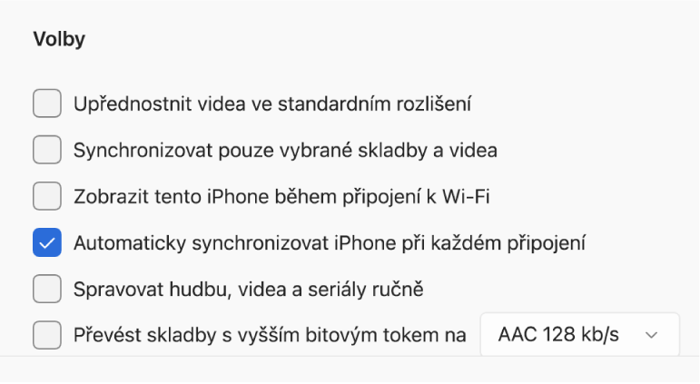 Volby synchronizace zařízení Apple a počítače s Windows. Volba „Automaticky synchronizovat iPhone při každém připojení“ je zaškrtnutá.