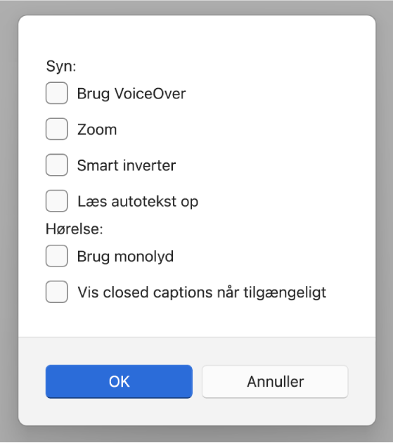 Tilgængelighedsfunktioner i appen Apple Devices, der viser indstillinger til Brug VoiceOver, Zoom, Smart inverter, Læs autotekst op, “Brug monolyd” og “Vis closed captions når tilgængeligt”.
