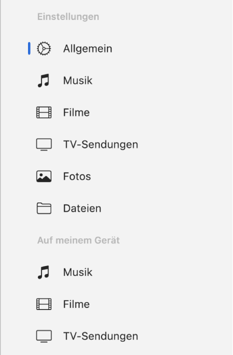 Die Seitenleiste mit der Taste „Allgemein“ und den Tasten für Inhalte wie Musik, Filme, TV-Sendungen usw.