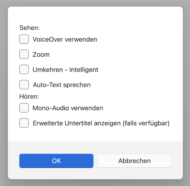 Bedienungshilfen in der App „Apple-Geräte“ mit Optionen für „VoiceOver verwenden“, „Zoomen“, „Umkehren - Intelligent“, „Auto-Text vorlesen“, „Mono-Audio verwenden“ und „Erweiterte Untertitel anzeigen (falls verfügbar)“.