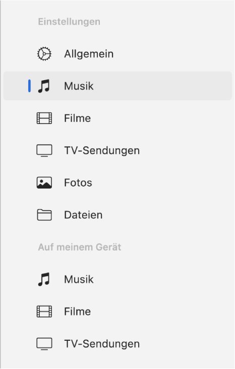 Die Seitenleiste mit der ausgewählten Taste „Musik“