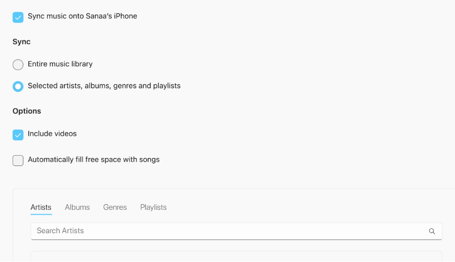 “Sync music onto device” tick box appears with additional options for syncing your entire library or only selected music with videos and voice memos.