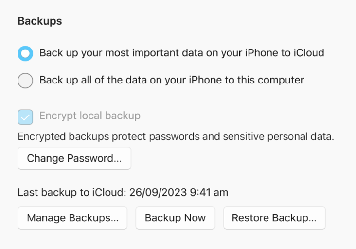 The options for backing up data from a device showing two buttons to select backing up to iCloud or to the Windows computer, an “Encrypt local backup” tick box for encrypting backup data, and additional buttons for managing backups, restoring from a backup and starting a backup.