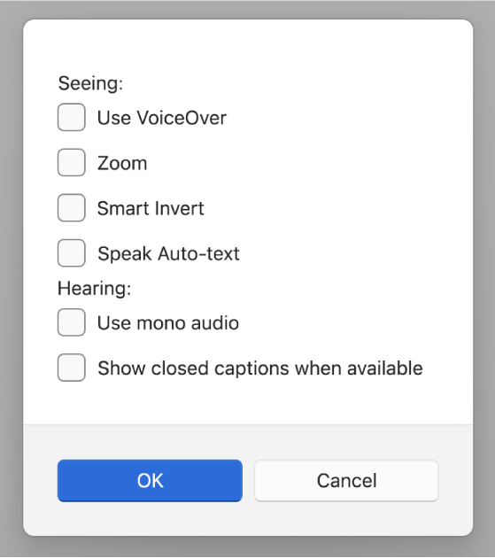 Accessibility features in the Apple Devices app, showing options for Use VoiceOver, Zoom, Smart Invert, Speak Auto-text, “Use mono audio” and “Show closed captions when available”.