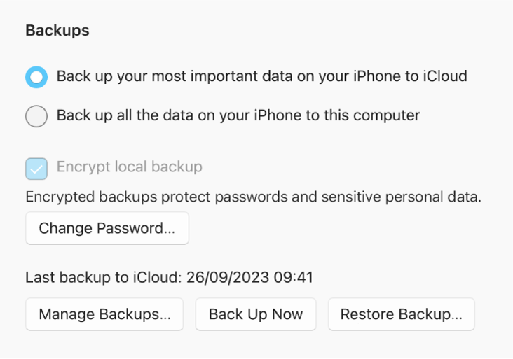 The options for backing up data from a device showing two buttons to select backing up to iCloud or to the Windows computer, an “Encrypt local backup” tickbox for encrypting backup data, and additional buttons for managing backups, restoring from a backup and starting a backup.