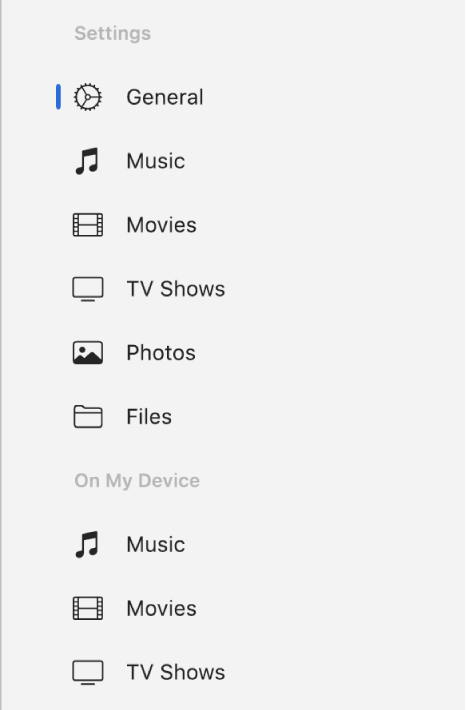 The sidebar showing the General button and buttons for content such as music, movies, TV shows and more.