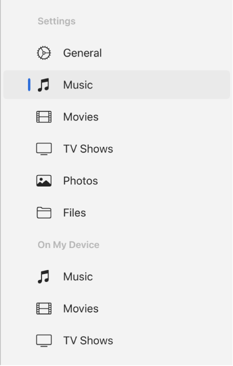 The sidebar showing Music selected.