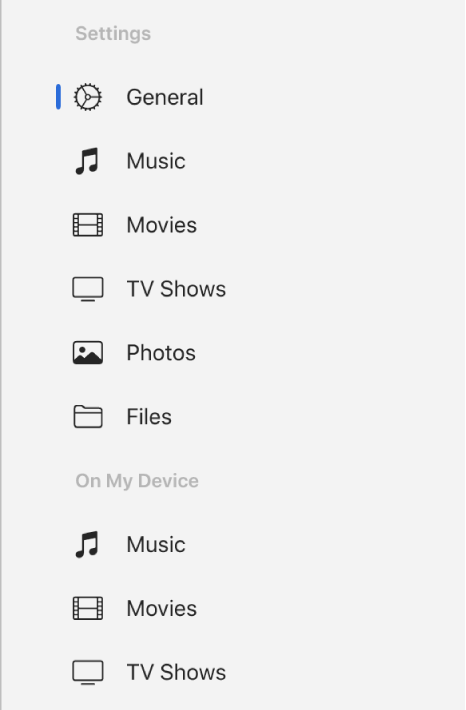 The sidebar showing the General button and buttons for contents such as music, movies, TV shows, and more.