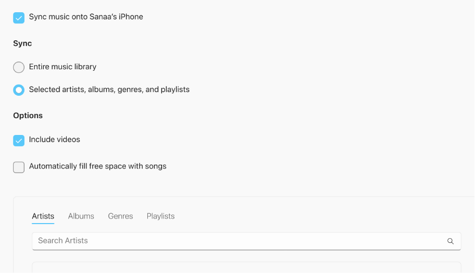 “Sync music onto device” checkbox appears with additional options for syncing your entire library or only selected music with videos and voice memos.