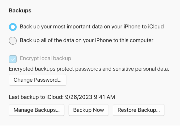 The options for backing up data from a device showing two buttons to select backing up to iCloud or to the Windows computer, an “Encrypt local backup” checkbox for encrypting backup data, and additional buttons for managing backups, restoring from a backup, and starting a backup.