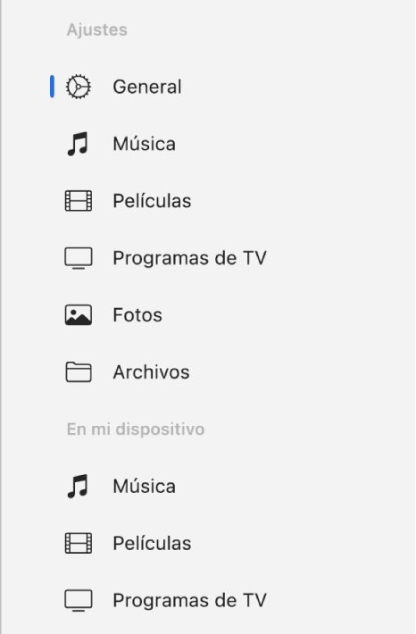 La barra lateral, con el botón General y botones de contenido, como música, películas, programas de TV, etc.