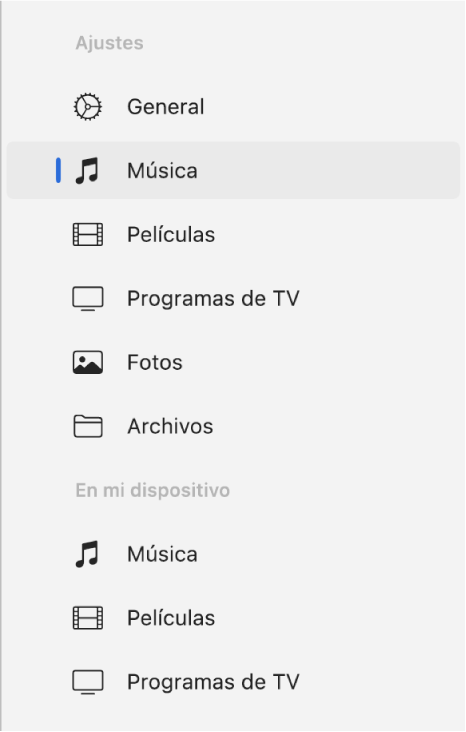 La barra lateral con la opción Música seleccionada.