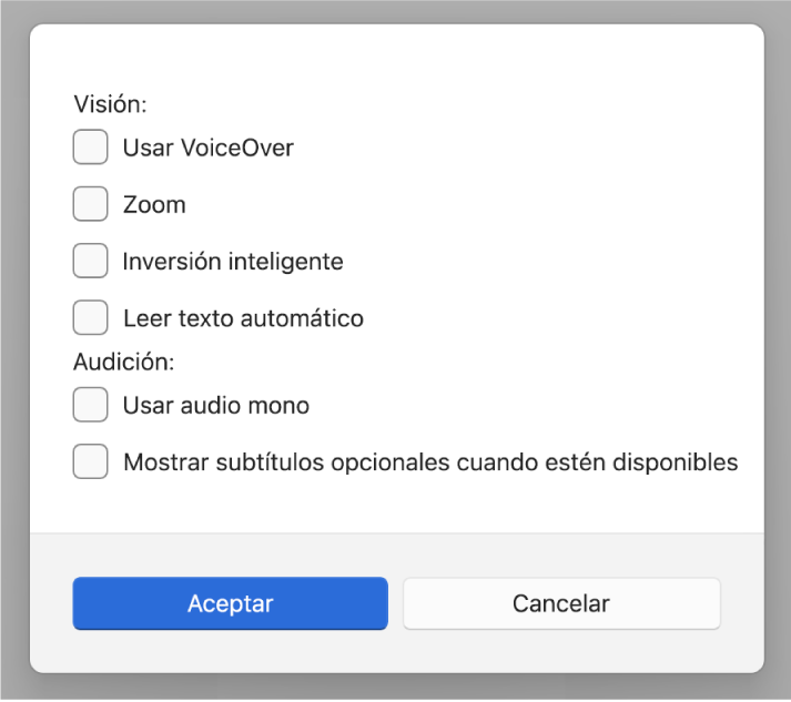 Las funciones de accesibilidad en la app Dispositivos Apple, con las siguientes opciones: “Usar VoiceOver”, Zoom, “Inversión inteligente”, “Leer en voz alta las correcciones automáticas”, “Usar audio mono” y “Mostrar subtítulos opcionales cuando estén disponibles”.