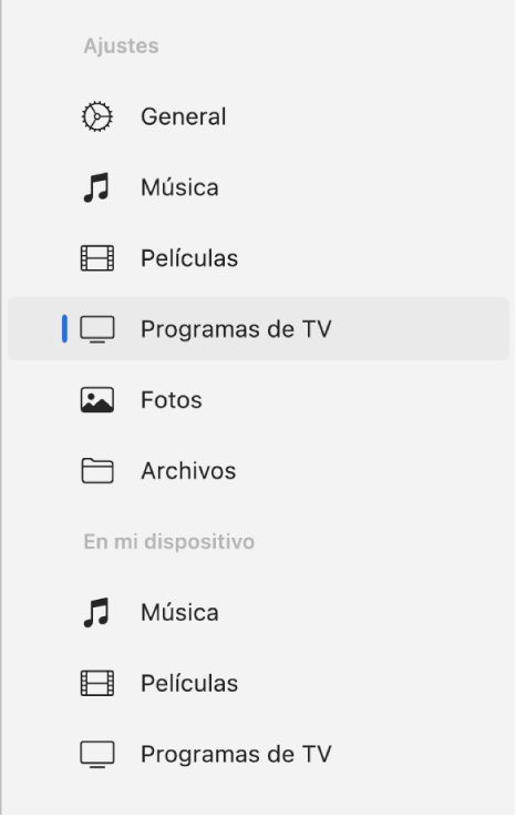 La barra lateral con la opción “Programas de TV” seleccionada.