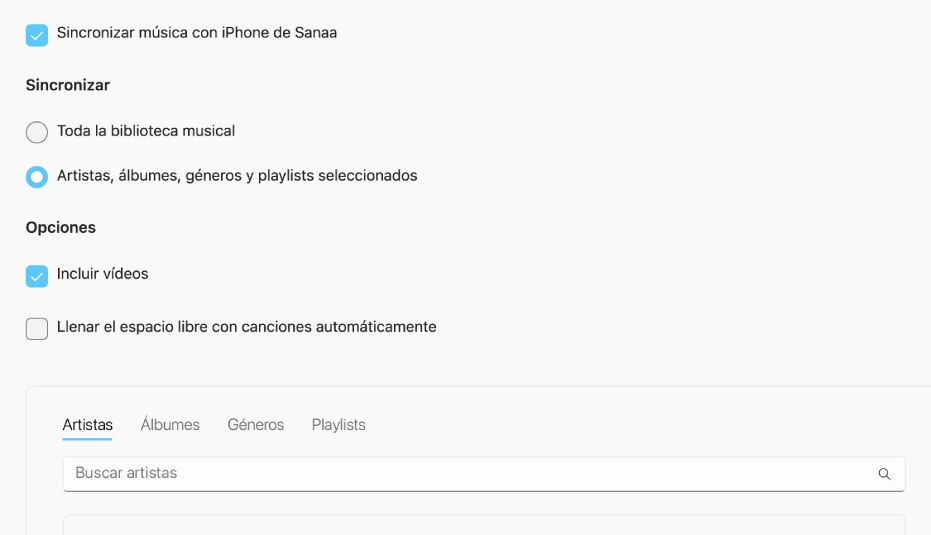 La ventana de Dispositivos Apple con la opción de sincronización de música.