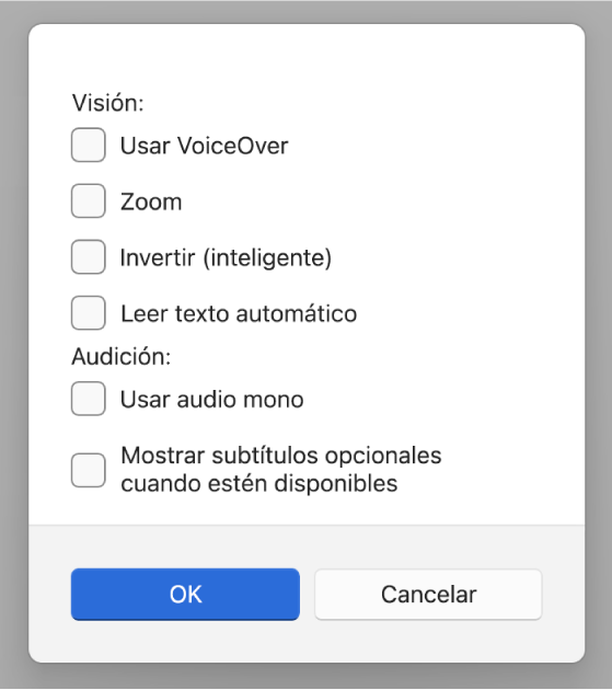 Las funciones de accesibilidad en la app Dispositivos Apple mostrando las opciones Usar VoiceOver, Zoom, Invertir inteligente, Leer texto automático, Usar audio mono, y Mostrar subtítulos opcionales cuando estén disponibles.