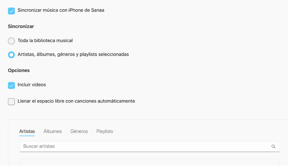 La ventana de la app Dispositivos Apple mostrando la opción para sincronizar música.