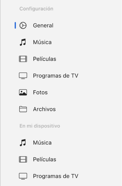 La barra lateral mostrando el botón General y los botones para tipos de contenido; como música, películas, programas de TV, y más.