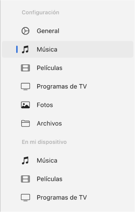 La barra lateral mostrando que la sección Música está seleccionada.