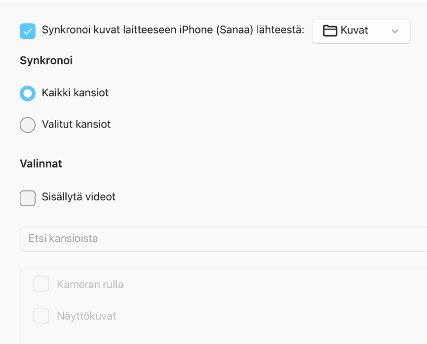 Ikkunassa näkyvät Kaikki kuvat ja albumit- ja Valitut albumit ‑valintapainikkeet ja niiden alla valintaneliöt ”Vain suosikit, ”Sisällytä videot” ja ”Sisällytä automaattisesti kuvat kohteesta”.