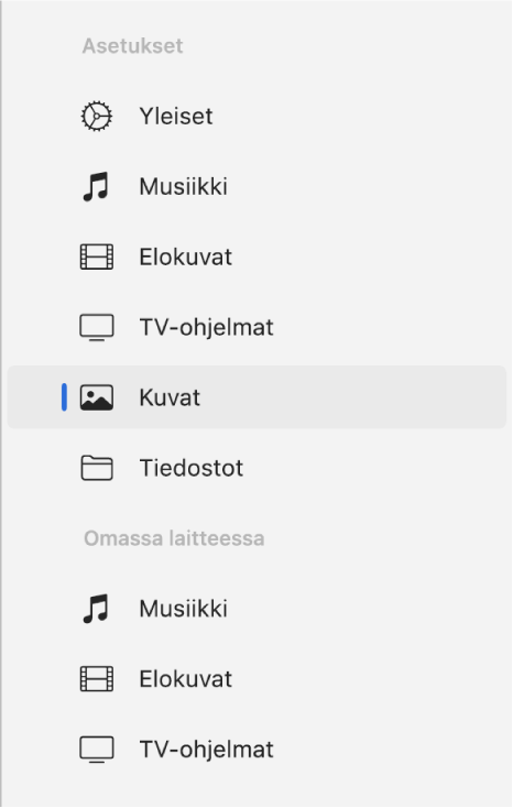 Sivupalkki, jossa on valittuna Kuvat.