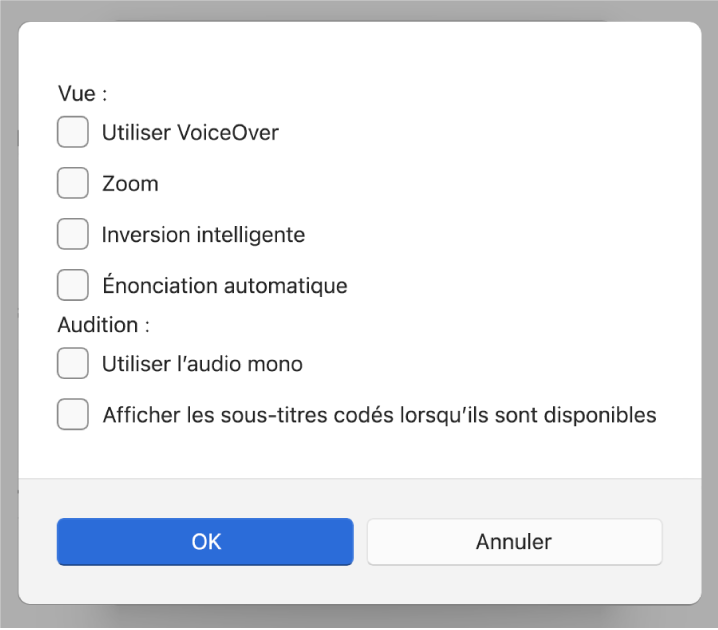 Fonctionnalités d’accessibilité dans l’application Appareils Apple, affichant les options Utiliser VoiceOver, Zoom, Inversion intelligente, Énonciation automatique, « Utiliser l’audio mono » et « Afficher les sous-titres codés lorsqu’ils sont disponibles ».