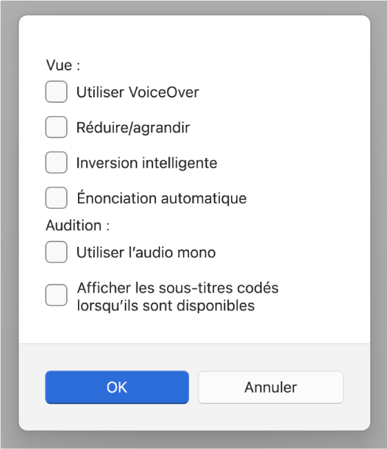 Les fonctionnalités dʼaccessibilité de lʼapp « Appareils Apple », avec les options pour lʼutilisation de VoiceOver, du zoom, de « Inversion intelligente », de « Énonciation de l’auto-remplissage », de « Utiliser l’audio mono » et de « Afficher les sous-titres codés lorsqu’ils sont disponibles ».