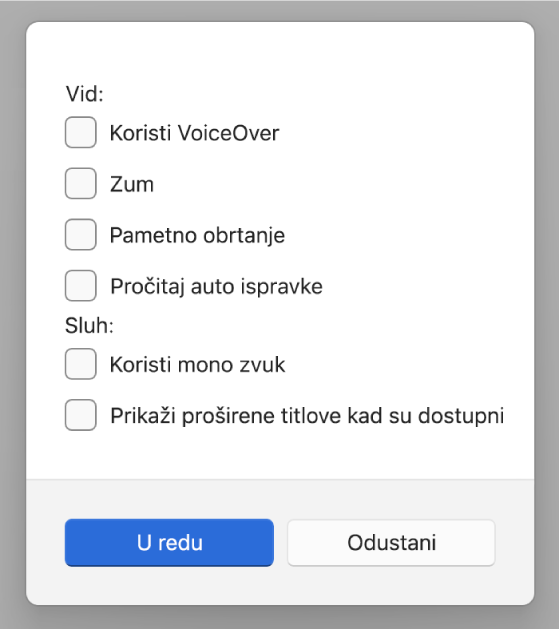 Značajke pristupačnosti u aplikaciji Apple uređaji s opcijama Koristi VoiceOver, Zoom, Smart Invert, Izgovori automatski tekst, “Koristi mono zvuk” i “Prikaži proširene titlove kada su dostupni”.