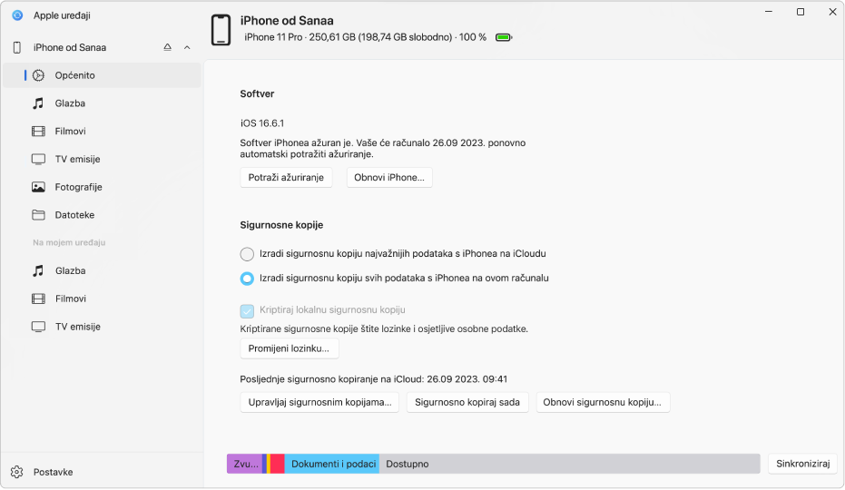 Glavni prozor aplikacije Apple uređaji s prikazom softvera, sigurnosne kopije i drugih opcija