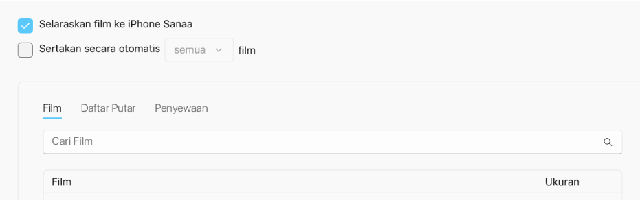 Kotak centang “Selaraskan Film ke [perangkat]” dipilih, dan menu pop-up “Sertakan secara otomatis” terdapat di bawahnya.