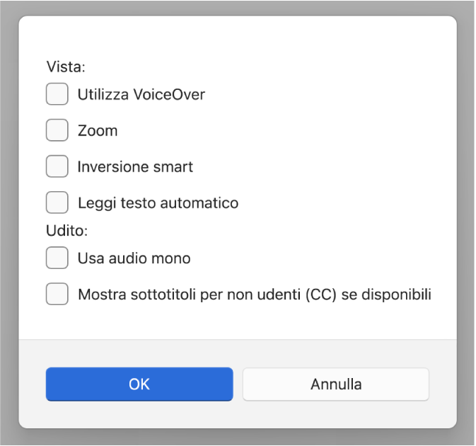 Funzioni di accessibilità nell’app Dispositivi Apple, con opzioni per “Utilizza VoiceOver”, Zoom, “Inversione smart”, “Leggi testo automatico”, “Usa audio mono” e “Mostra sottotitoli per non udenti (CC) se disponibili”.