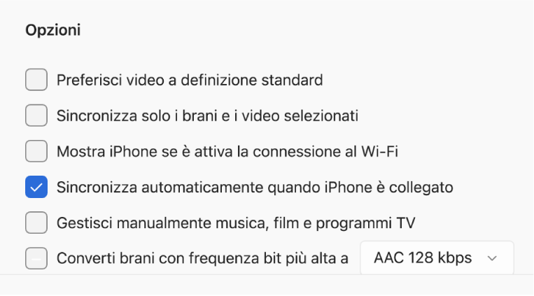 Opzioni per la sincronizzazione del tuo dispositivo Apple con un computer Windows. L’opzione “Sincronizza automaticamente quando iPhone è collegato” è selezionata.