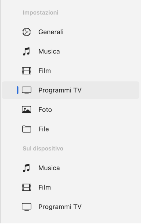 La barra laterale con l’opzione “Programmi TV” selezionata.