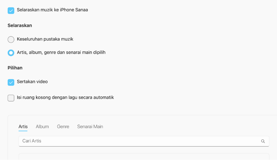 Tetingkap Peranti Apple menunjukkan pilihan penyelarasan untuk muzik.