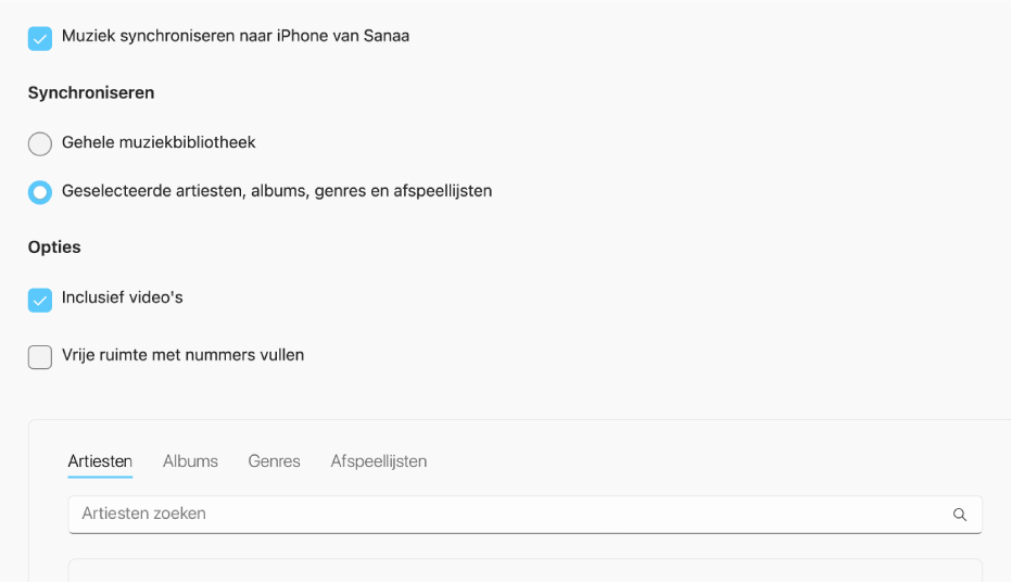 Het Apple Devices-venster met de synchronisatieoptie voor muziek.