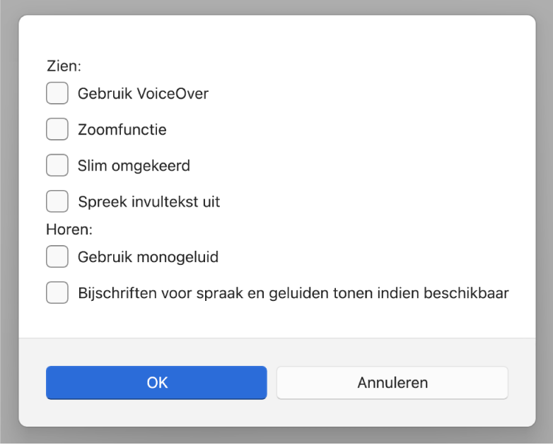 Toegankelijkheidsvoorzieningen in de Apple Devices-app, met opties voor 'VoiceOver gebruiken', 'Zoomfunctie', 'Slim omgekeerd', 'Invultekst uitspreken', 'Monogeluid gebruiken' en 'Bijschriften voor spraak en geluiden tonen indien beschikbaar'.