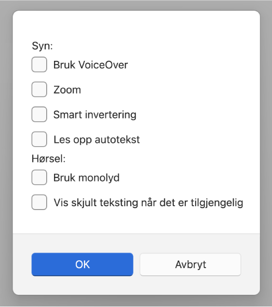 Tilgjengelighetsfunksjoner i appen Apple-enheter viser valg for Bruk VoiceOver, Zoom, Smart invertering, Les opp autotekst, «Bruk monolyd» og «Vis skjult teksting når det er tilgjengelig».